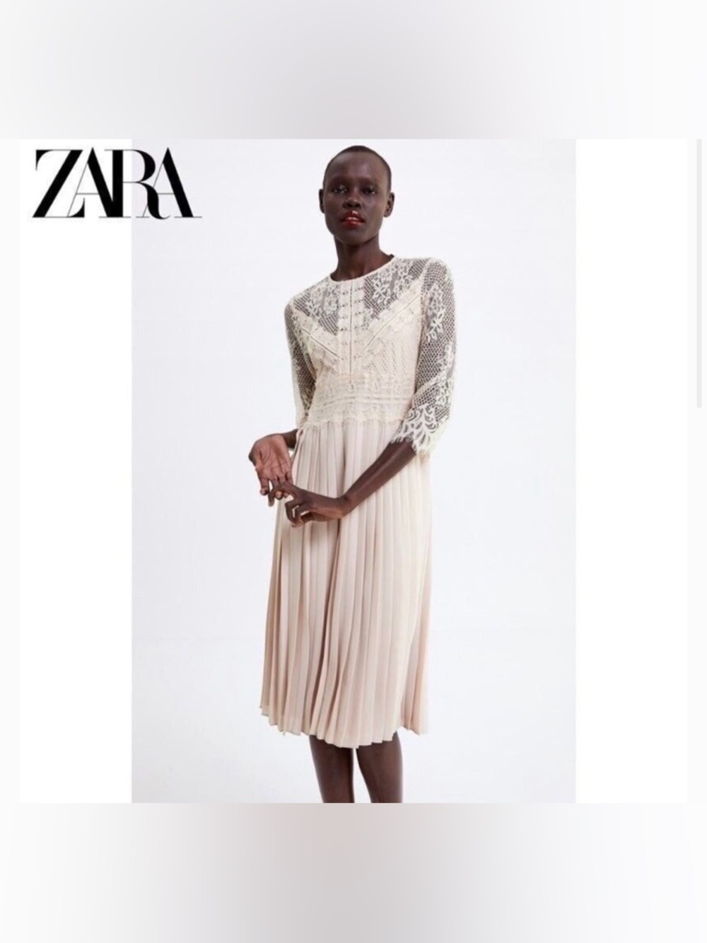 ✨ Zara Cream Feminine Contrast Pleated Midi Dress | Size Extra Small NWOT